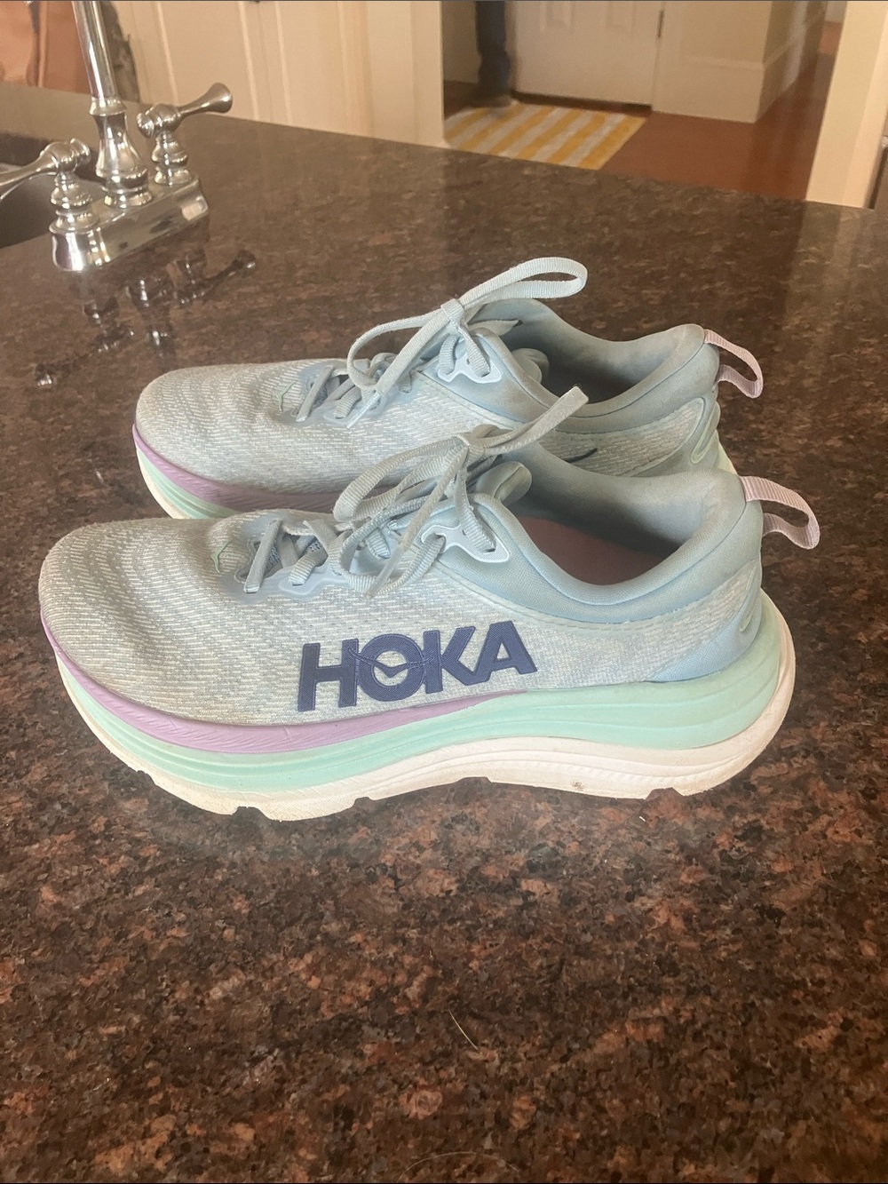 Hoka Pastel Blue Platform Running Sneakers with Mint and Lavender Accents size 7